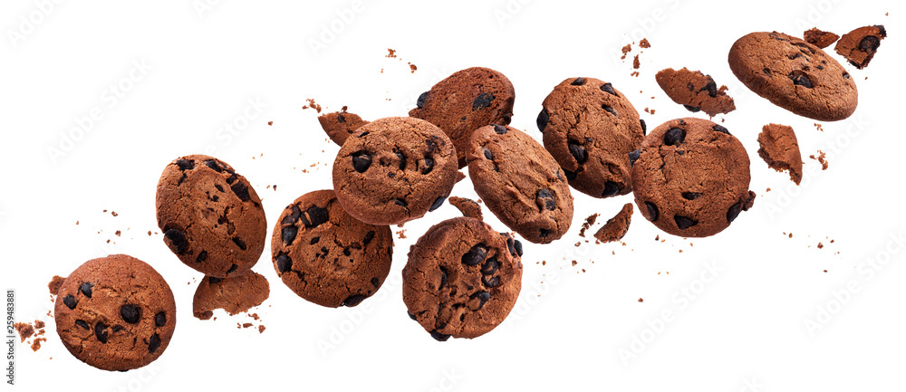 Falling broken chocolate chip cookies isolated on white background with clipping path - obrazy, fototapety, plakaty 