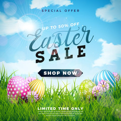 Wall Mural - Easter Sale Illustration with Color Painted Egg and Spring Flower on Cloudy Sky Background. Vector Holiday Design Template for Coupon, Banner, Voucher or Promotional Poster.