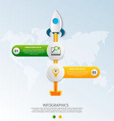 Timeline startup infographics with two circle and icons template. 3D vector illustration rocket on a blue background. Used for business, planning, strategy, workflow layout, diagrams with 2 steps