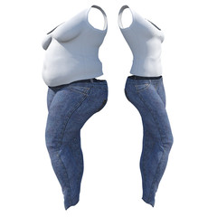 Conceptual fat overweight obese female jeans undershirt vs slim fit healthy body after weight loss or diet thin young woman isolated. Fitness, nutrition or fatness obesity health shape 3D illustration