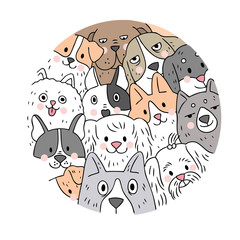 Wall Mural - Cartoon cute face dogs vector. Doodle circle frame.