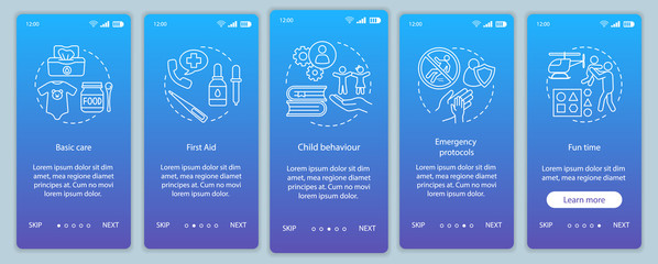 Babysitters courses onboarding mobile app page screen vector template