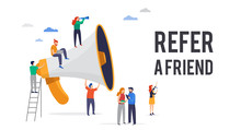 Refer A Friend Illustration. Big Megaphone With A Team Work. Concept Media For Landing Page, Template, User Interface UI, Website
