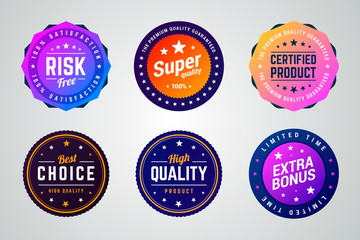 Set of colorful vector badges. Risk free, super quality, certified product, best choice, high quality and extra bonus badges. 