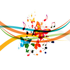 Wall Mural - Music background with colorful music notes and butterflies vector illustration design. Artistic music festival poster, live concert events, party flyer, music notes signs and symbols