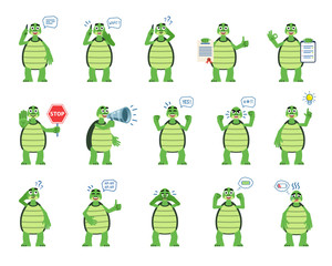 Wall Mural - Set of cartoon turtle characters showing diverse actions, emotions. Funny turtle talking on phone, angry, surprised, crying, holding loudspeaker and doing other actions. Simple vector illustration