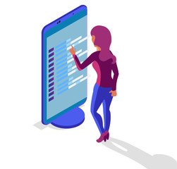 Isometric woman with smartphone. Mobile app development