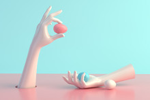 3d Render, Female Hands, Minimal Fashion Background, Mannequin Body Parts With Easter Eggs