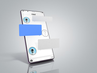 chat with chat bot Chat message on smartphone chat window in the smartphone empty message fields hang above the screen 3d render on grey gradient