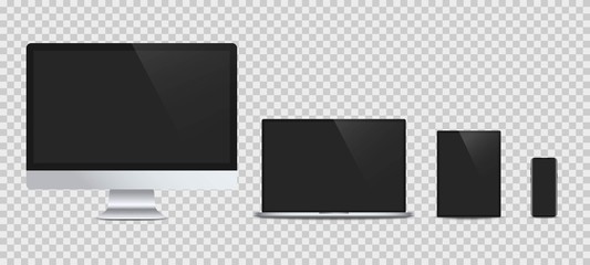 set of realistic modern devices - desktop computer monitor, laptop, tablet, smartphone. electronic g