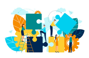 People with puzzle pieces vector, man and woman standing on ladder, foliage and flora. Cogwheel symbol of process and improvement project development