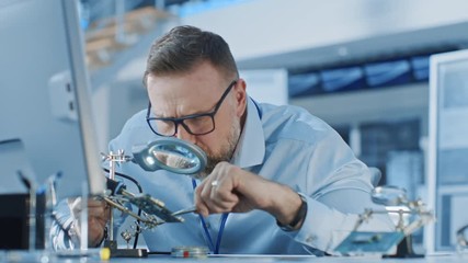 Poster - Electronics Design Engineer Working with Circuit Boards, Doing Maintenance, Checking Quality and Soldering Motherboard Components. Specialists Working in Bright Office