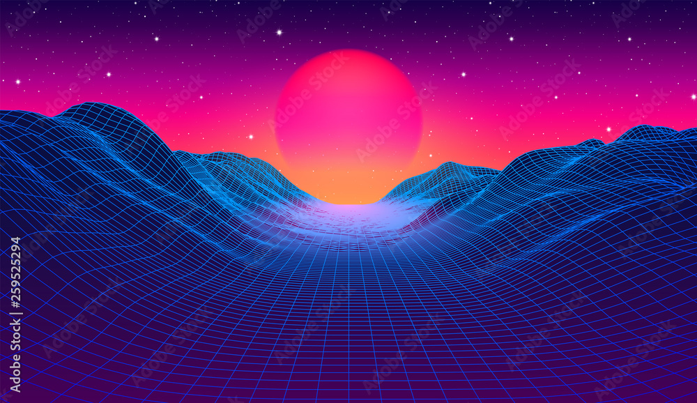 80s synthwave styled landscape with blue grid mountains and sun over canyon - obrazy, fototapety, plakaty 