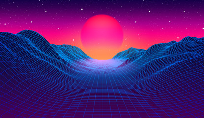 80s synthwave styled landscape with blue grid mountains and sun over canyon