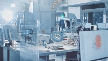 Poster - Electronics Design Engineer Takes His Place Starts Working with Circuit Boards, Doing Maintenance and Soldering Motherboard Components. Screen Shows Neural Network, Machine Learning, Cloud Computing