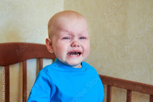 A Little Boy Is Standing In The Crib Crying And Calling Mother