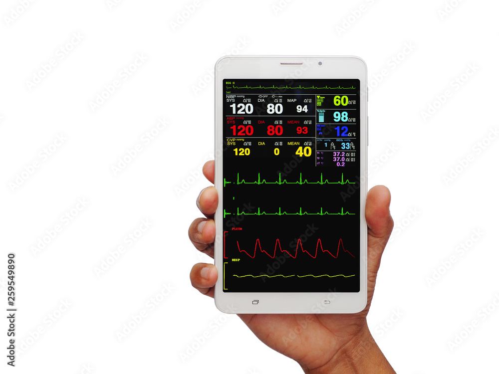 doctor's hand holding tablet / smart phone show patient monitor / EKG ...