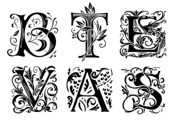 Wall Mural - Vector set of six decorative hand drawn initial letters. English letters in vintage style. Fancy letters with curls. Black and white illustration.