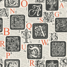 Vector Seamless Pattern With Hand Drawn Alphabet Letters On The Background Of Old Book Pages. Old Book With Unreadable Black Text And Red Initial And Capital Letters, Repeating Vector Background.