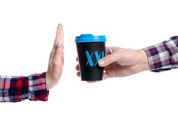 Hand giving cup of coffee to hand renouncement isolated on white background