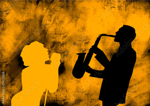 Dekoracja na wymiar wokalistka-jazzowa-i-saksofonistka-czarno-zolta-sylwetka-na-tlo-grunge-saksofon