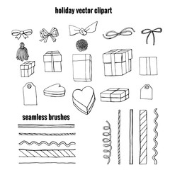 Wall Mural - Set of gift wrapping, boxes and bow knots clipart. collection of holiday decoration objects.
