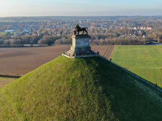 Aerial view of The Lion's Mound with farm land around.  The immense Butte Du Lion on the battlefield of Waterloo where Napoleon died. Belgium