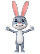 Rabbit Cartoon Character Shows Two Raised Thumbs Up On White Background. 3d Rendering. Illustration For Advertising.