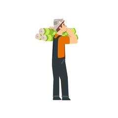 Canvas Print - Handyman Carrying Rolls of Wallpaper on Shoulder, Male Construction Worker Character in Paper Cap with Professional Equipment Vector Illustration