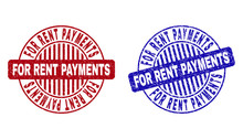 Grunge FOR RENT PAYMENTS Round Stamp Seals Isolated On A White Background. Round Seals With Grunge Texture In Red And Blue Colors.