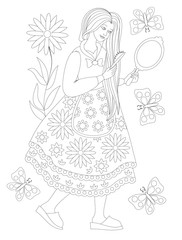 Wall Mural - Black and white page for coloring book. Fantasy drawing of beautiful girl combing hair. Worksheet for children and adults. Hand-drawn vector image on computer by graphic tablet.