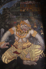  The Ramakien (Ramayana) mural paintings along the galleries of the Temple of the Emerald Buddha, grand palace or wat phra kaew Bangkok Thailand