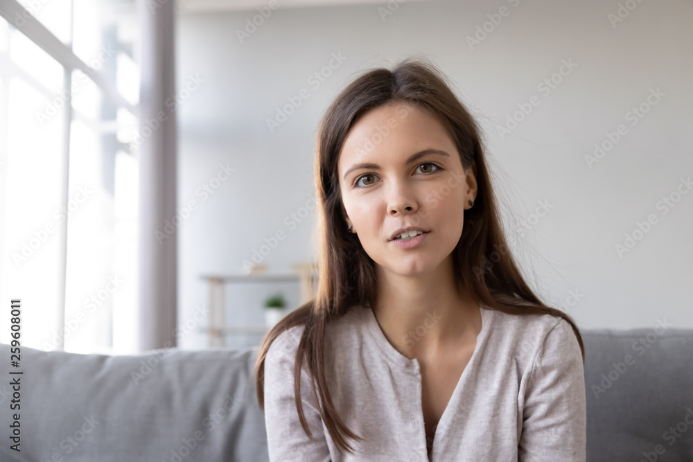 Headshot woman looking at camera having conversation using computer webcam - obrazy, fototapety, plakaty 