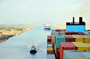 Wall Mural - Big container vessel transiting through Suez Canal. 