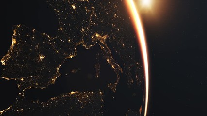 Wall Mural - 4K Beautiful Sunrise over Europe. Realistic earth with night lights from space. High quality 3d animation. Elements of this image furnished by NASA.