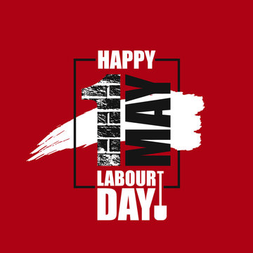 Wall Mural - Happy labour day vector label with number 1 brick wall texture in grunge black frame on red background. First may labor day background, banner, poster. Socialism international mayday placard - Vector