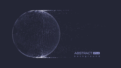 Abstract globe particles sphere with explosion effect. 3d technology digital style. Dark background. Futuristic vector illustration.