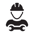 Contractor icon vector male worker person profile avatar with hardhat helmet and wrench or spanner tool in glyph pictogram illustration