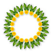 Indian floral wreath with yellow flowers and mango leaves. Traditional decoration for wedding, hindu holidays. Isolated on white. Vector border ring.