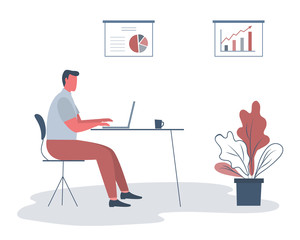 Wall Mural - Office worker in the workplace. Business icon. Young man is sitting at the desk in the office room. There is a laptop, a cup, diagrams and a flower in the picture. Funky flat style. Vector