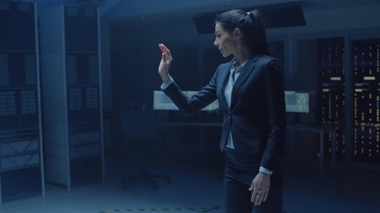 Aufkleber - In Modern Data Center Research Laboratory Beautiful Confident Woman Does Virtual Reality Activating Touch Gesture. Mock-up Augmented Reality Shot.