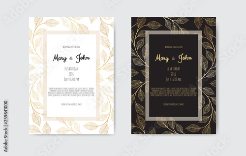 Golden Vector invitation with floral elements. Luxury ornament template. gree...