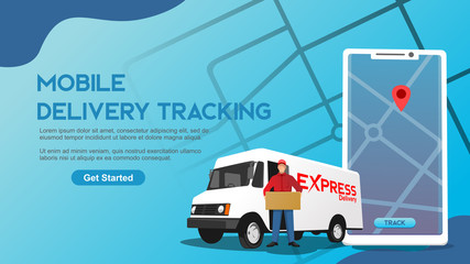 mobile delivery tracking delivery man with map background flat vector illustration for web and presentation