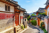 Fototapeta Uliczki - Amazing view of old narrow street and traditional Korean houses