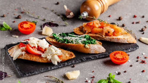 Concept Of Spanish Cuisine Tapas Different Bruschetta On A Fried