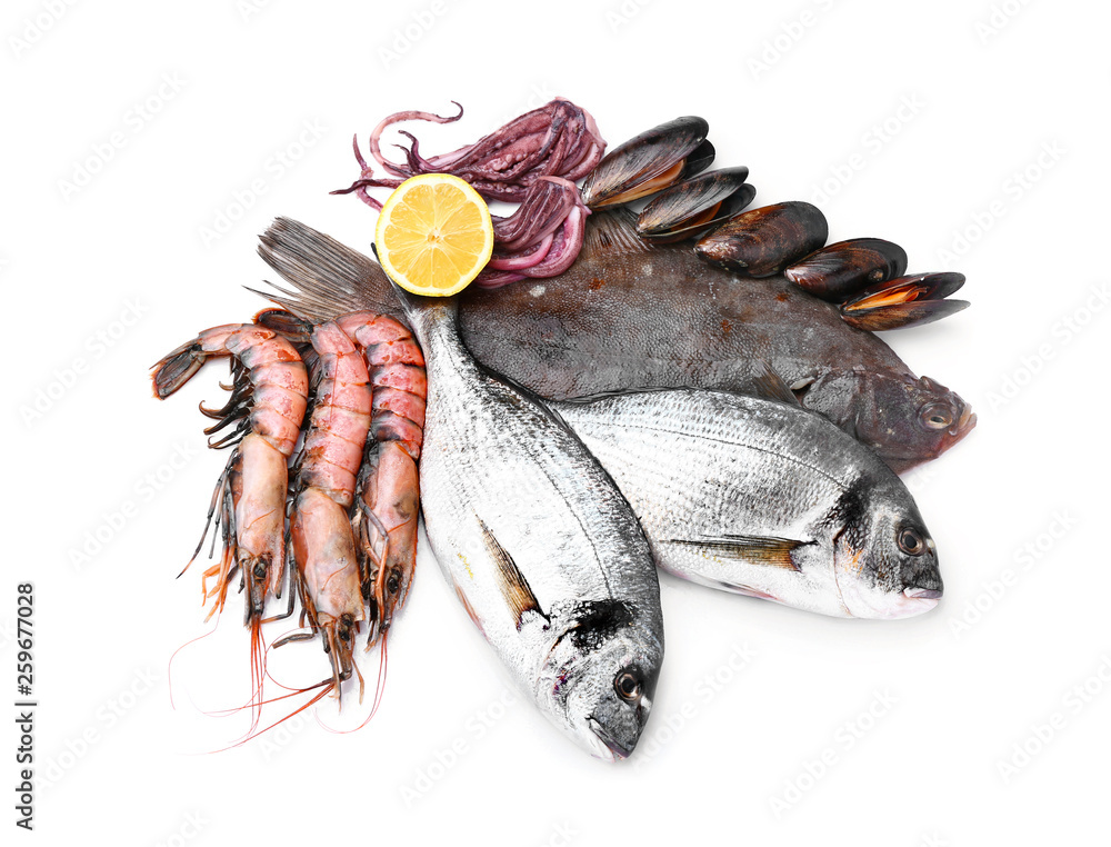 Fresh seafood on white background