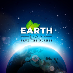 Wall Mural - Earth Day illustration with Planet and Green Leaf. World map background on april 22 environment concept. Vector design for banner, poster or greeting card.