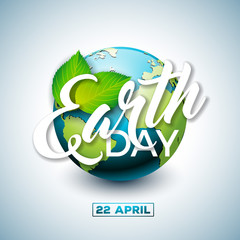 Wall Mural - Earth Day illustration with Planet and Green Leaf. World map background on april 22 environment concept. Vector design for banner, poster or greeting card.