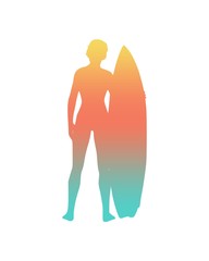 Wall Mural - woman posing with surfboard. vintage surfing graphic and emblem for web design or print. front view