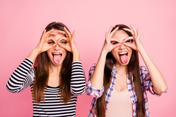 Wall Mural - Close-up portrait of nice attractive lovely cute charming girlish crazy cheerful cheery naughty straight-haired girls showing like glasses having fun isolated over pink pastel background